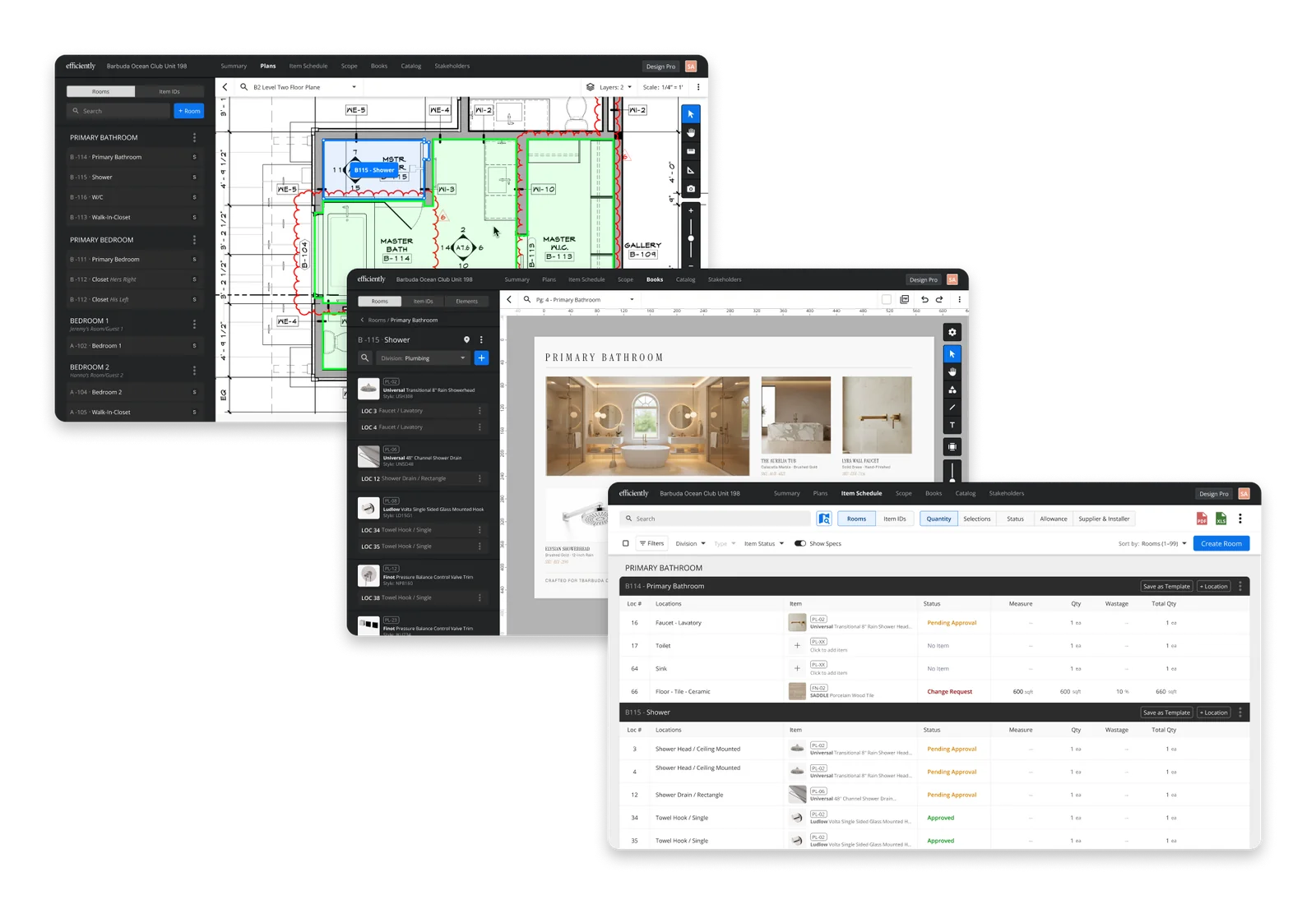 Three Efficiently screens overlapping: the plans canvas with a room highlighted on a floor plan, the design book laying out primary bathroom selections, and the item schedule listing locations with approval statuses.