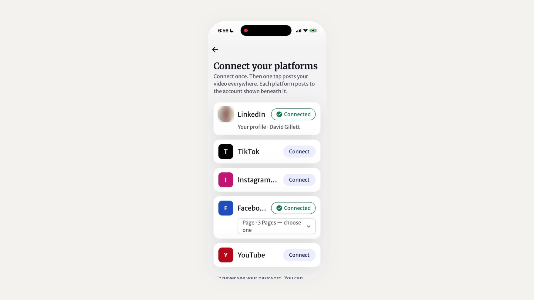 A Facebook row showing a green Connected pill directly above secondary text reading Page, 3 Pages, choose one.