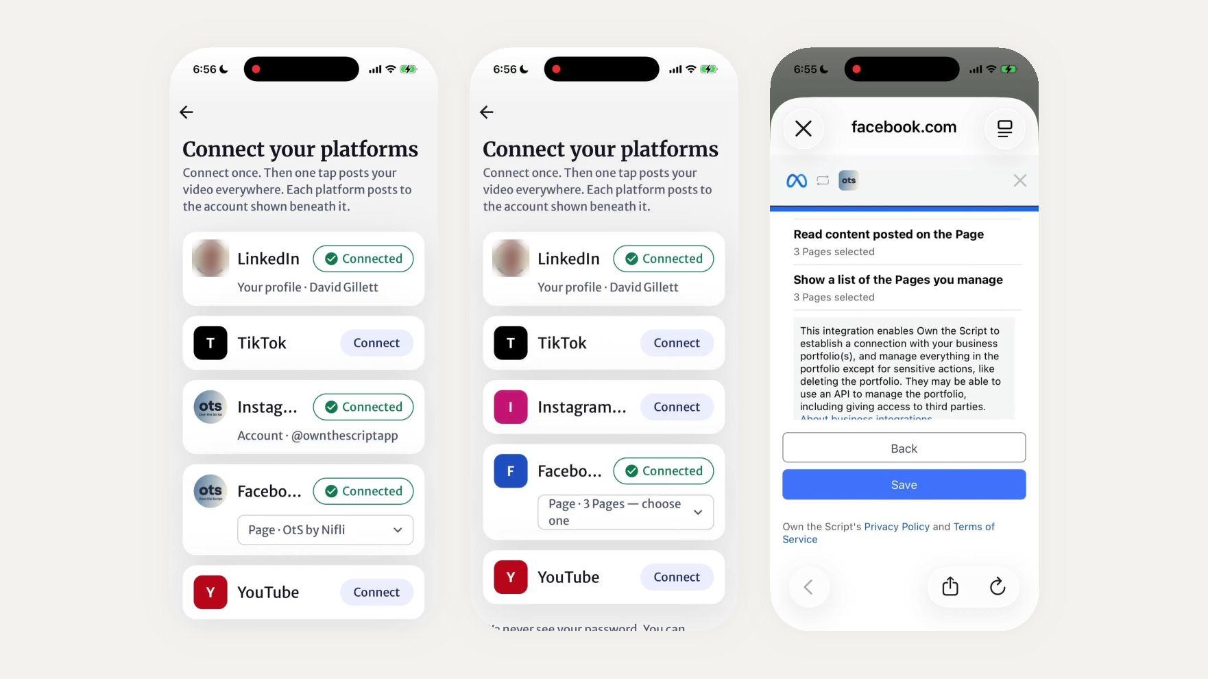 The connect screen with LinkedIn, TikTok, Instagram, Facebook and YouTube rows, a second state where Facebook needs a Page chosen, and the platform consent screen listing the permissions.