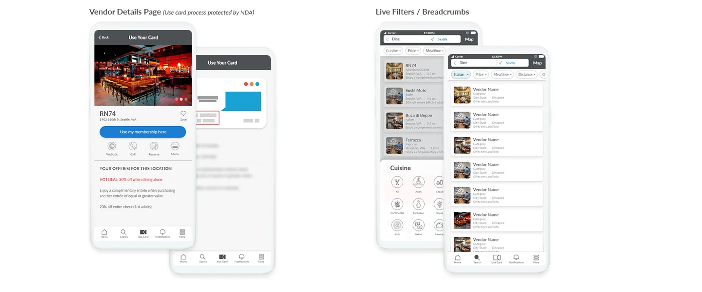 The vendor detail page with the offer and the actions available, beside the live filter and breadcrumb behaviour.
