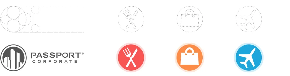 The Passport Corporate wordmark and the three category marks for dine, shop and travel, each shown over its circular construction grid.