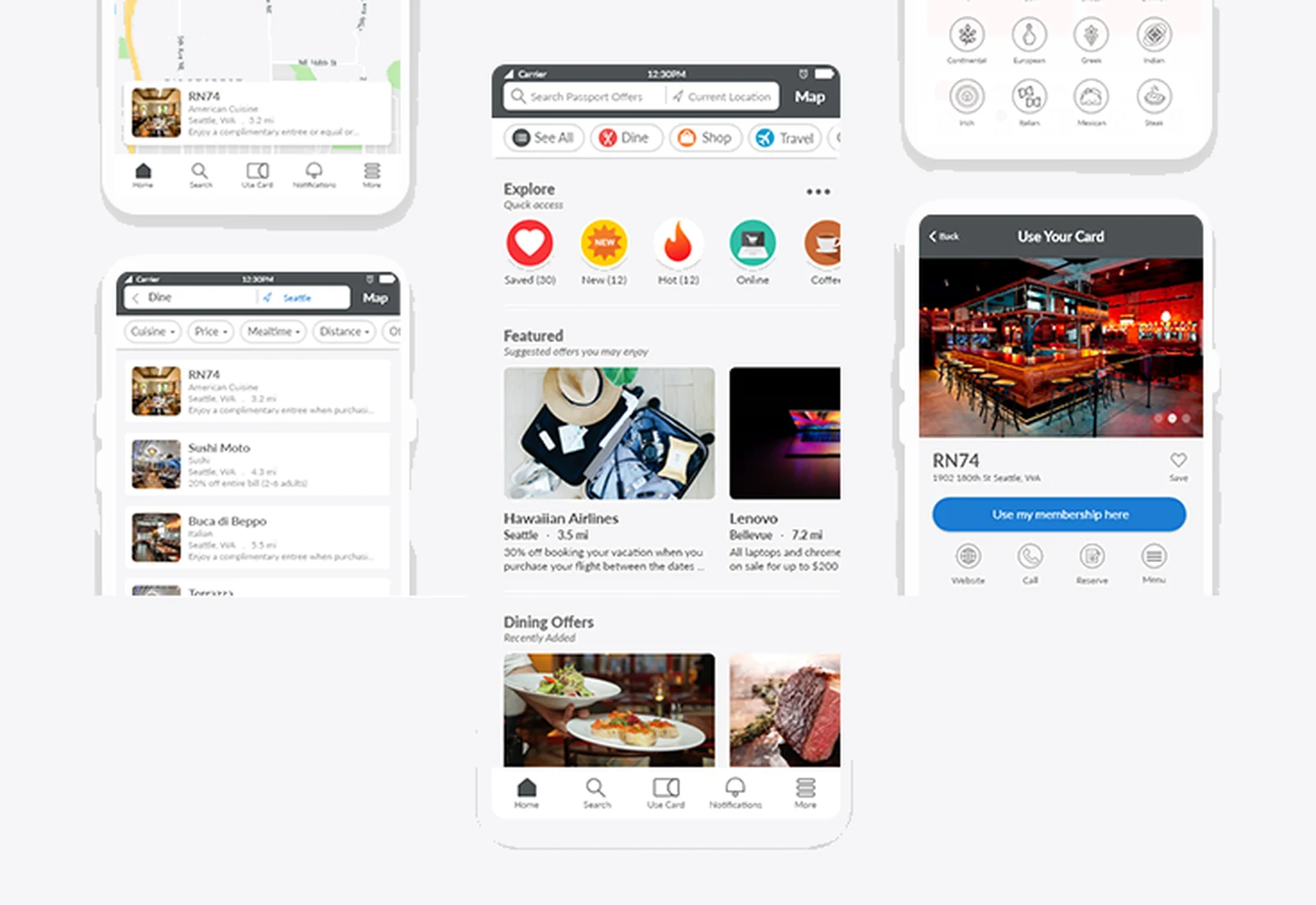 Five Passport app screens arranged in a row: a map result, a filtered dining list, the home feed with featured offers, a cuisine filter sheet, and a vendor page with the use card action.