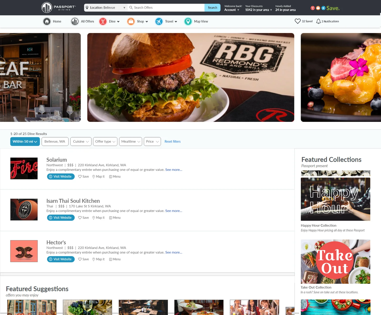 The portal's dining results page: a location and filter row, a list of restaurant offers with save, map and menu actions, and featured collections on the right.