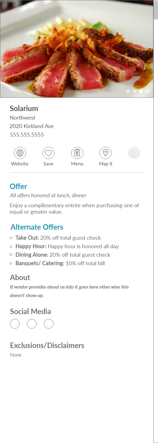 The portal's vendor detail page at phone width: the restaurant photograph, the offer, alternate offers, about, social and exclusions.