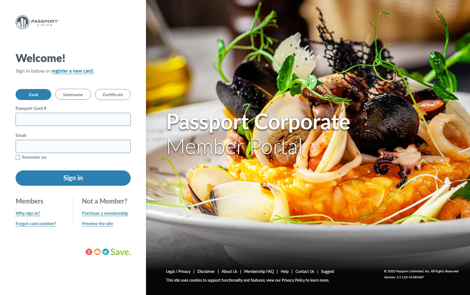 The Passport Corporate member portal sign-in page: a sign-in form on the left and a full-bleed food photograph on the right.
