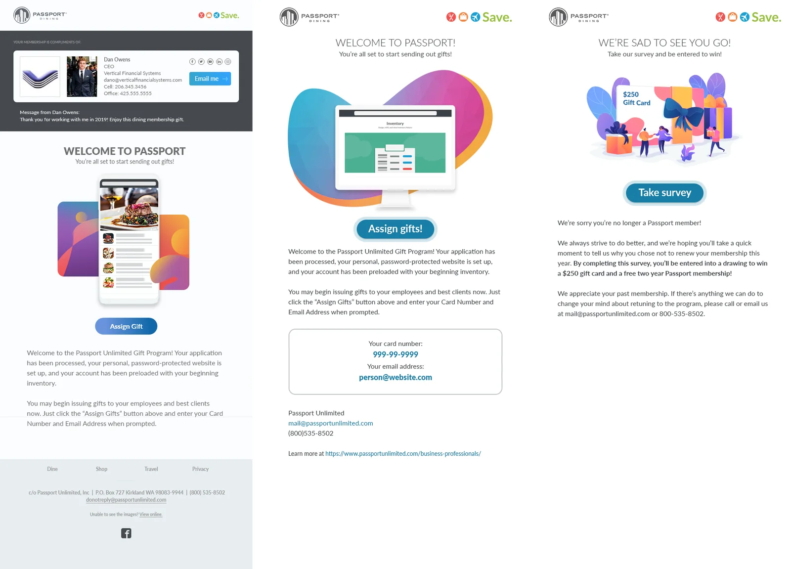 Three member emails side by side: the welcome and assign gifts email, the comp of email, and the lapsed membership survey email.