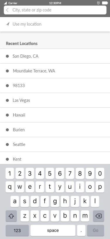 The change location screen: a city, state or zip field, a use my location action, and a list of recent locations including San Diego, Las Vegas, Hawaii and Seattle.